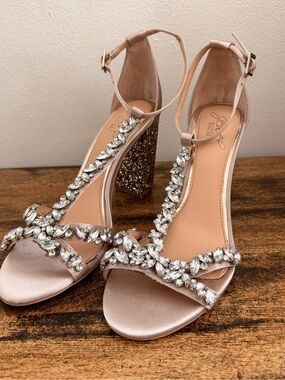 Badgley Mischka Rose Gold Crystal-Embellished Block Heel Sandals